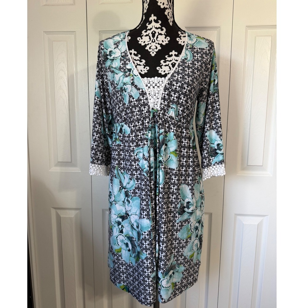 Soma Teal Floral Black Geometric Lounge Dress Nightgown Lace Trim Medium